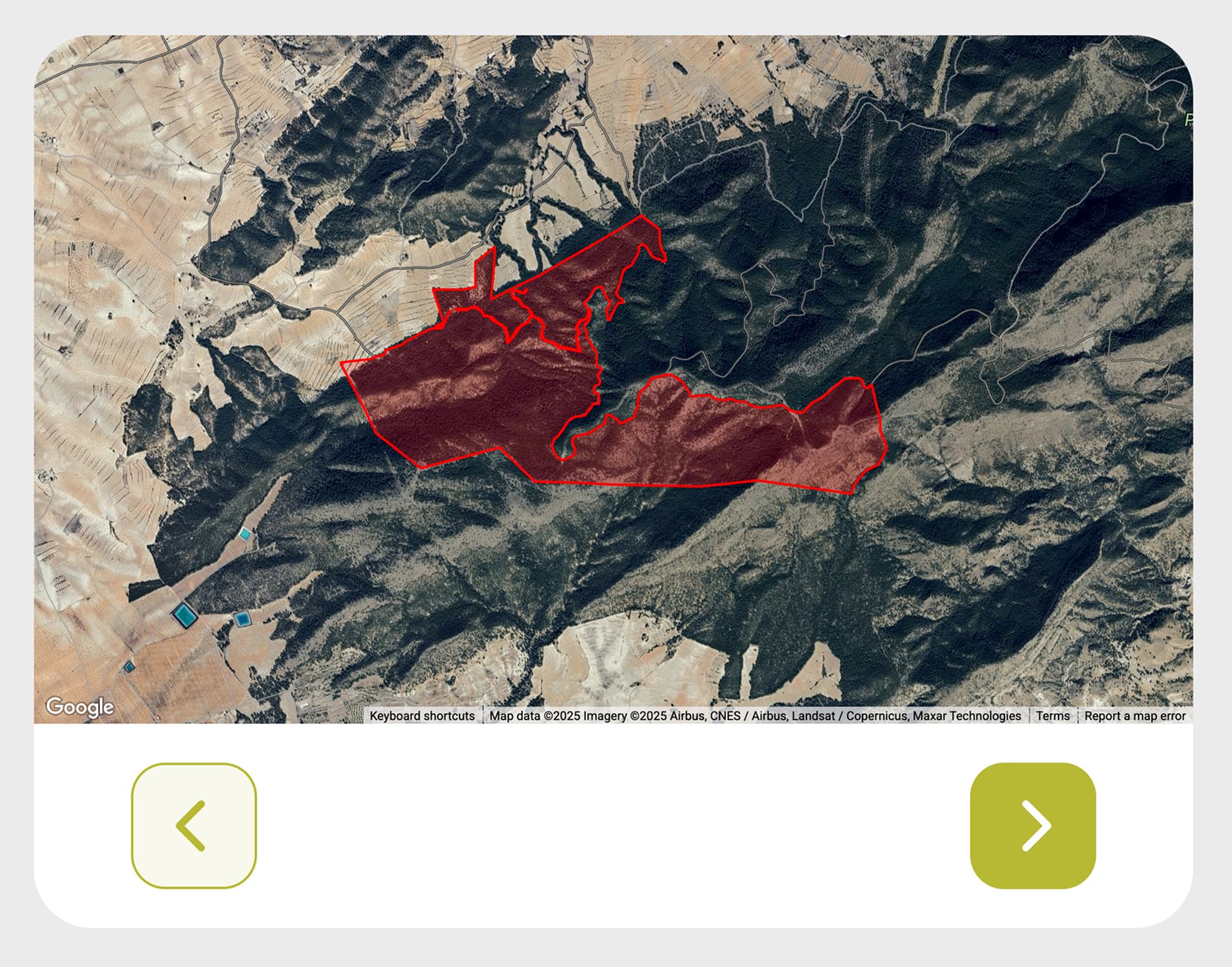 Una captura de pantalla que muestra un mapa en el que se destaca un área roja, indicando una ubicación o área de interés específica.